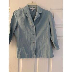 womens light blue linen blend blazer jacket with decorative stitching 3/4 sleeve